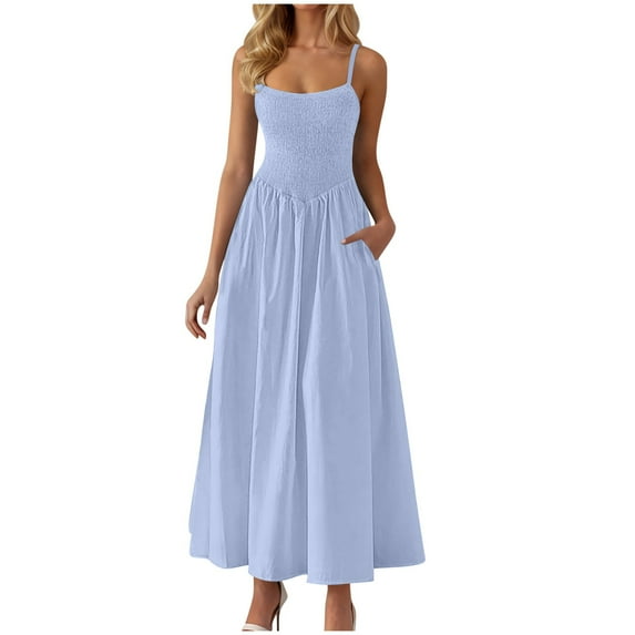 Edding Guest Dresses for Women 2025 Spaghetti Strap Sleeveless Sundress Ruffle Pleated A-Line Swing Sun-Dress Ultra Soft Textured Sun Dress Formal Trendy Dresses T Shirt Dress