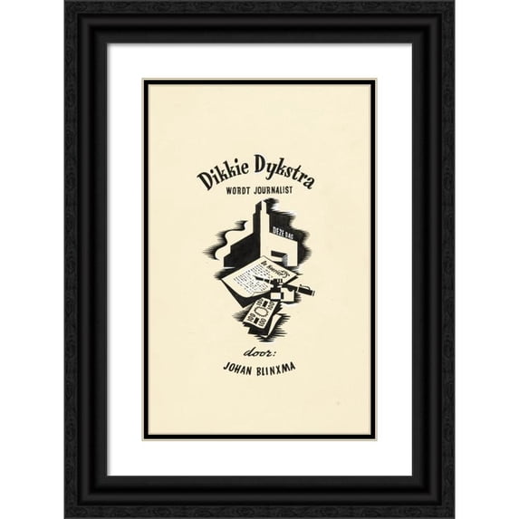 Eddy de Smet 11x14 Black Ornate Wood Framed Double Matted Museum Art Print Titled: Design for a Title Page For; Johan Blinxma, Dikkie Dijkstra Becomes a Journalist, C. 1947 (1947)