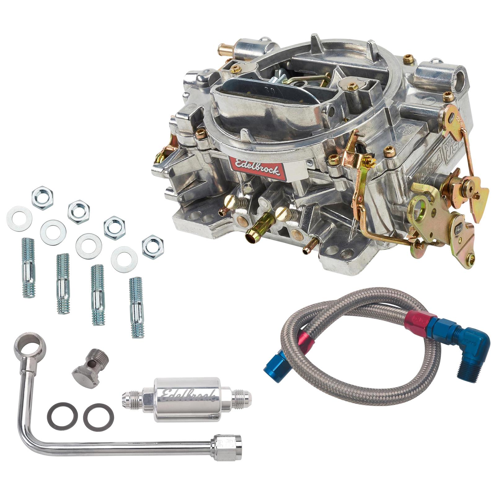 Edelbrock 1405 Performer 600CFM 4-BBL Carb w/8131 S.S. Fuel Line