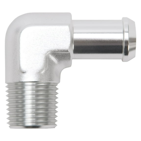 Edelbrock 8179 Heater Hose Fitting; 90 Degree; 1/2 in. NPT And 5/8 in. Barb; Clear Anodized;
