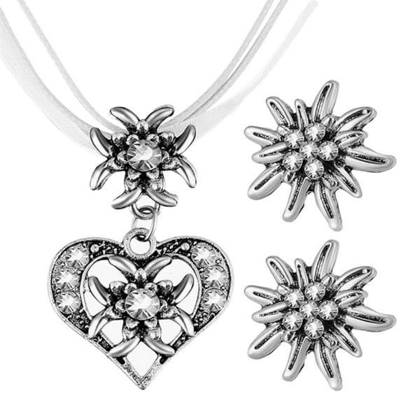 Edelweiss Necklace Earrings Set Heart Pendant Rhinestones Ribbon Rope Choker