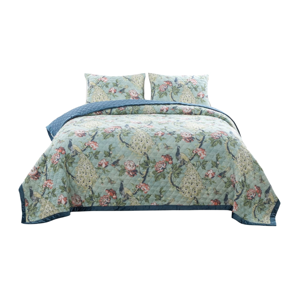 Blue and Green Reversible Microfiber Queen Quilt Set