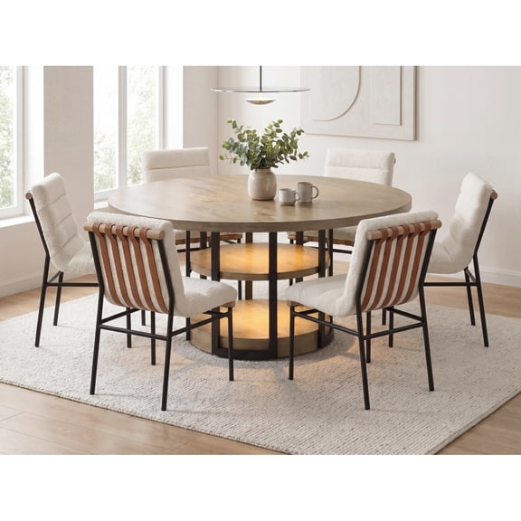 Eden 7 Piece Dining Set for 6, 59-Inch Round Rustic Oak Dining Table with LED-Lit Shelving Base and Black Metal Frame, White Boucle Upholstered Dining Chairs, Modern Dining Room Furniture Set No2394