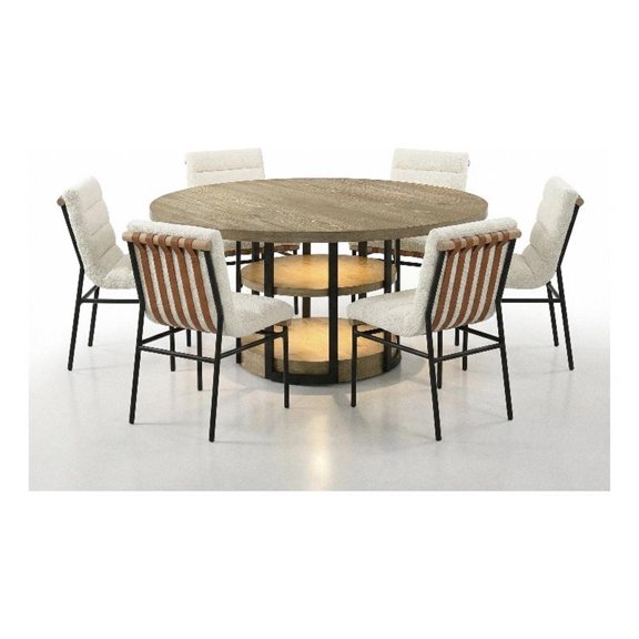 Eden 7Pc 59" Rd Rustic Oak Wood Dining Set w/LED+Mtl Frm+Shelves+Wht Boucle Chrs