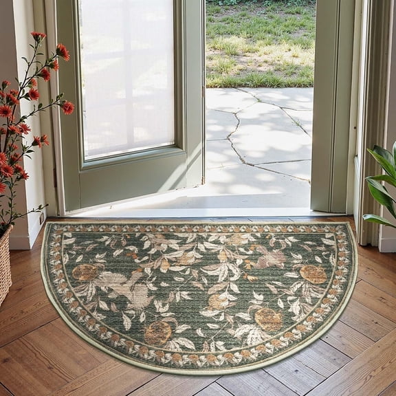 Eden Floral Area Rug Washable Entryway Rug 2x3 Semicircular Vintage Indoor Doormat Accent Rug Half Circle Lightweight Soft Small Non-Slip Green Carpet for Entrance Kitchen Bedroom Bathroom