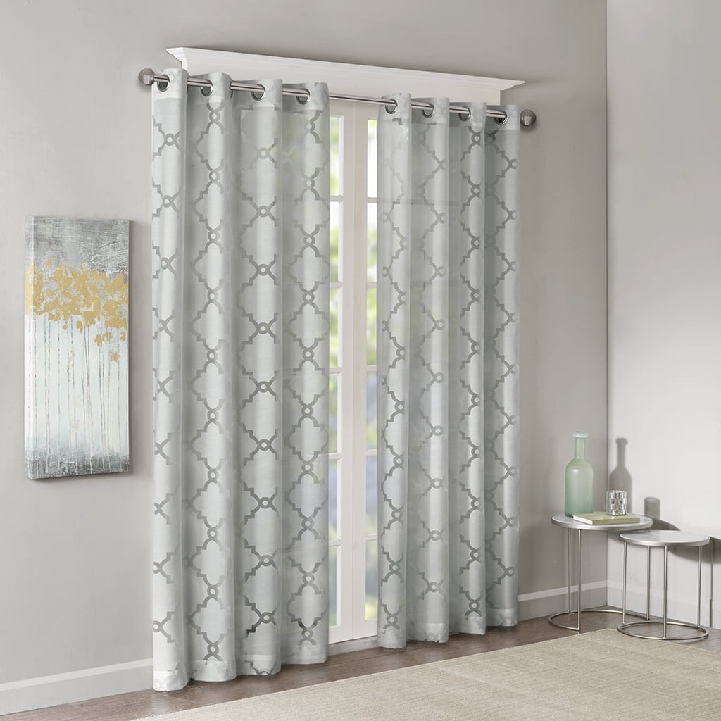 Gray Sheer Grommet Top Fretwork Curtain Panel