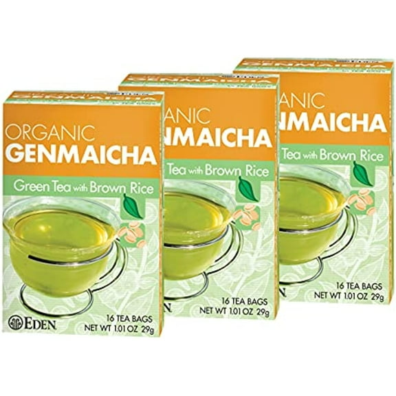 Eden Genmaicha Organic Green Tea, Sencha Green Tea With Roasted Organic Brown Rice, Japanese, 16 Unbleached Manila Tea Bags/Box (3-Pack)
