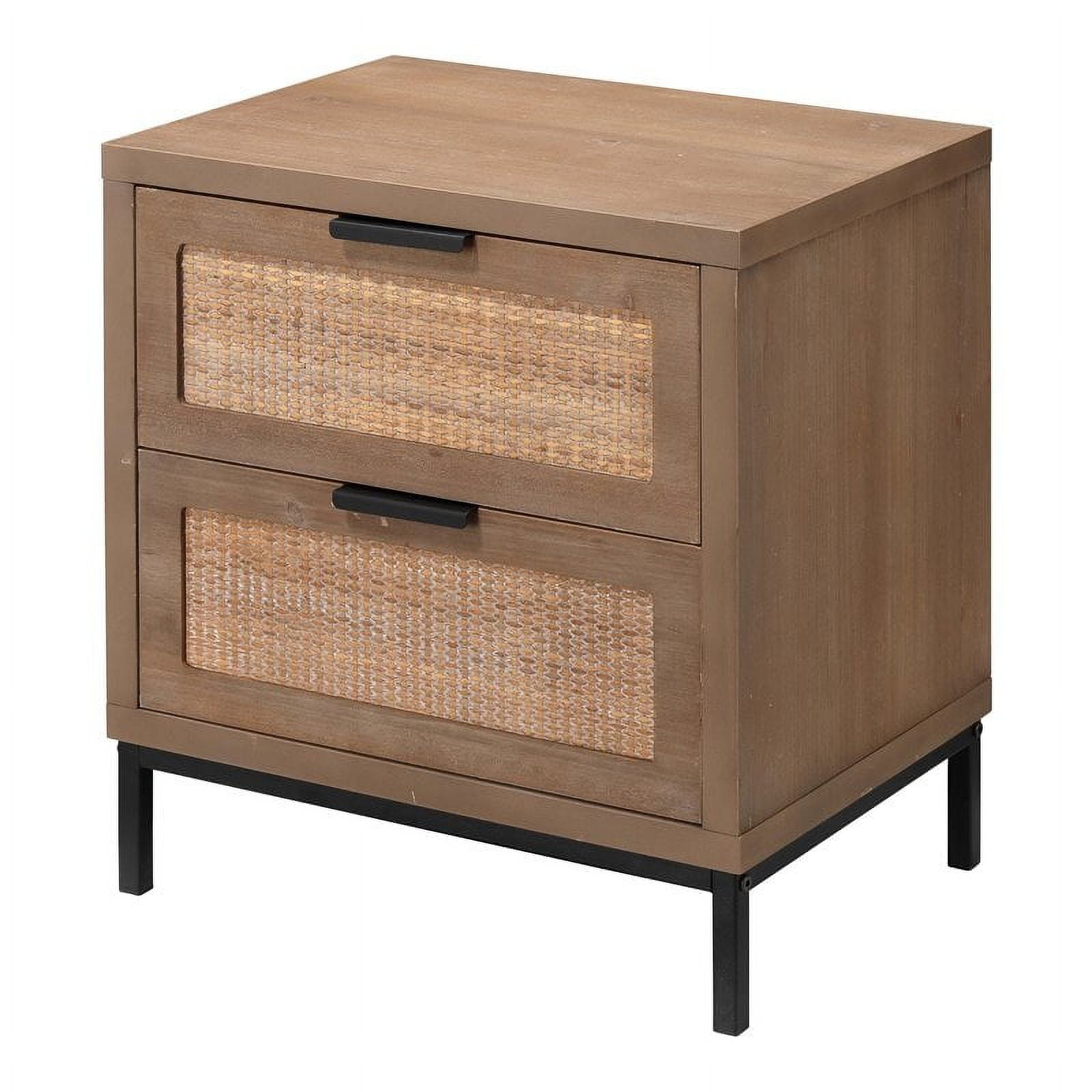 Modern Wood and Iron Side Table with Rattan Drawer Fronts