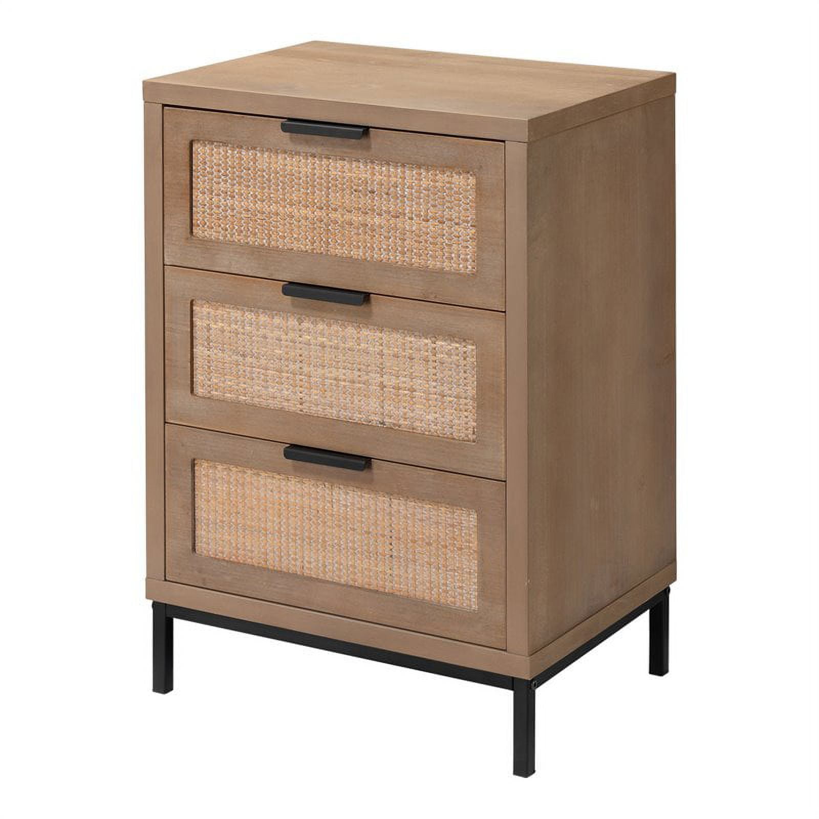 Coastal Charm 3-Drawer Wood & Iron Side Table with Rattan Accents
