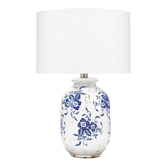 Eden Home Ceramic and Cotton Table Lamp in White/Blue Patterned