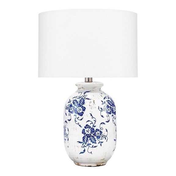 Eden Home Ceramic and Cotton Table Lamp in White/Blue Patterned