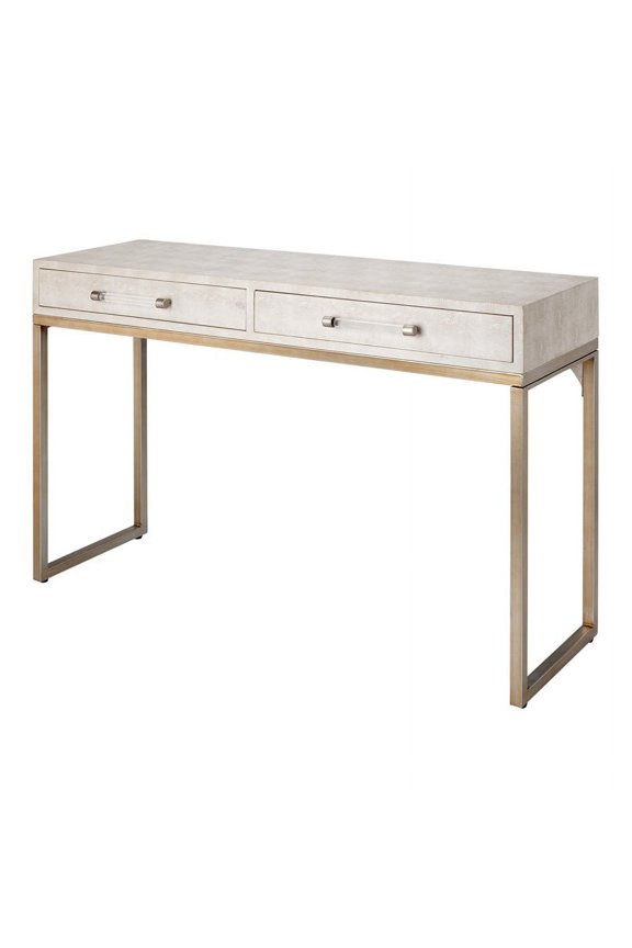 Faux Shagreen and Metal Console Table in Ivory/Brass