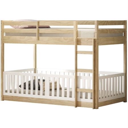 Eden Home Modern Solid Wood Twin Over Twin Bunk Bed with Guardrail Natural/White