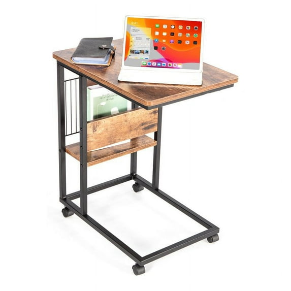 Eden Home Modern Wood End C Table with Magazine Holder in Rustic Brown