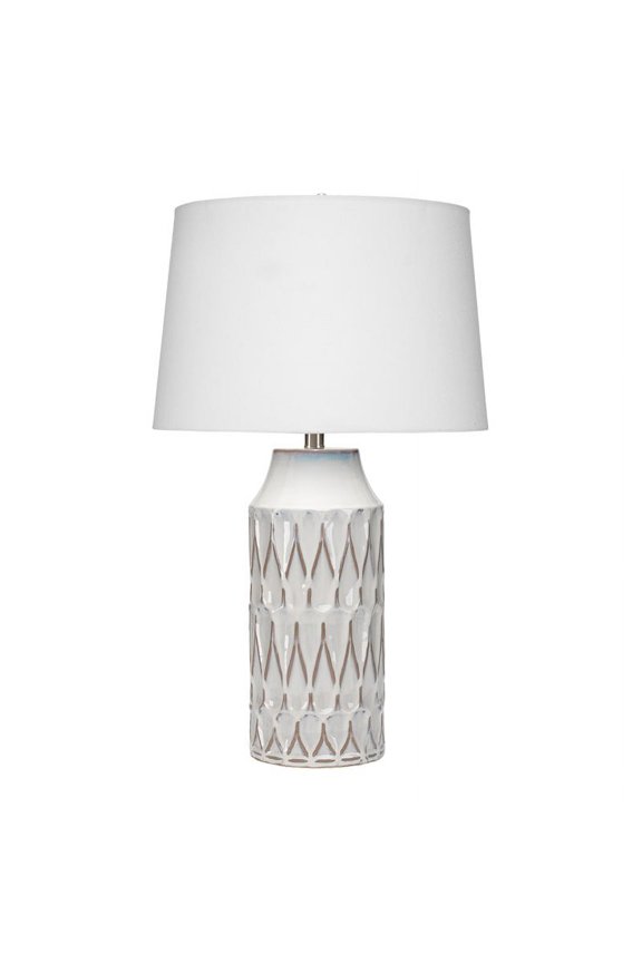 Traditional Ceramic and Linen Table Lamp in White Patterned