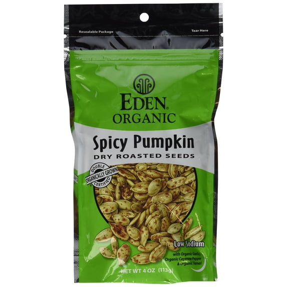 Eden Organic Dry Roasted Seeds, Spicy Pumpkin, 4-Ounce Resealable Bags (Pack of 15)