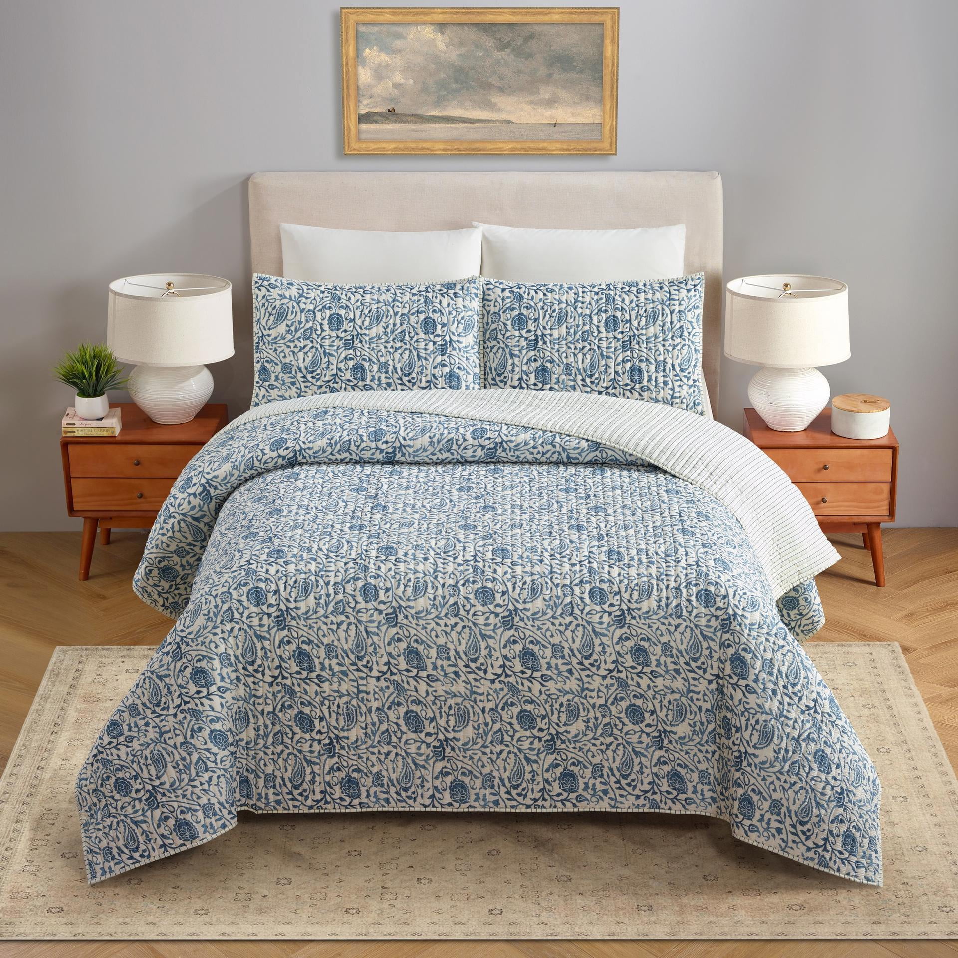 Eden Paisley Gauze 3-Piece Reversible Quilt Set, King, Blue