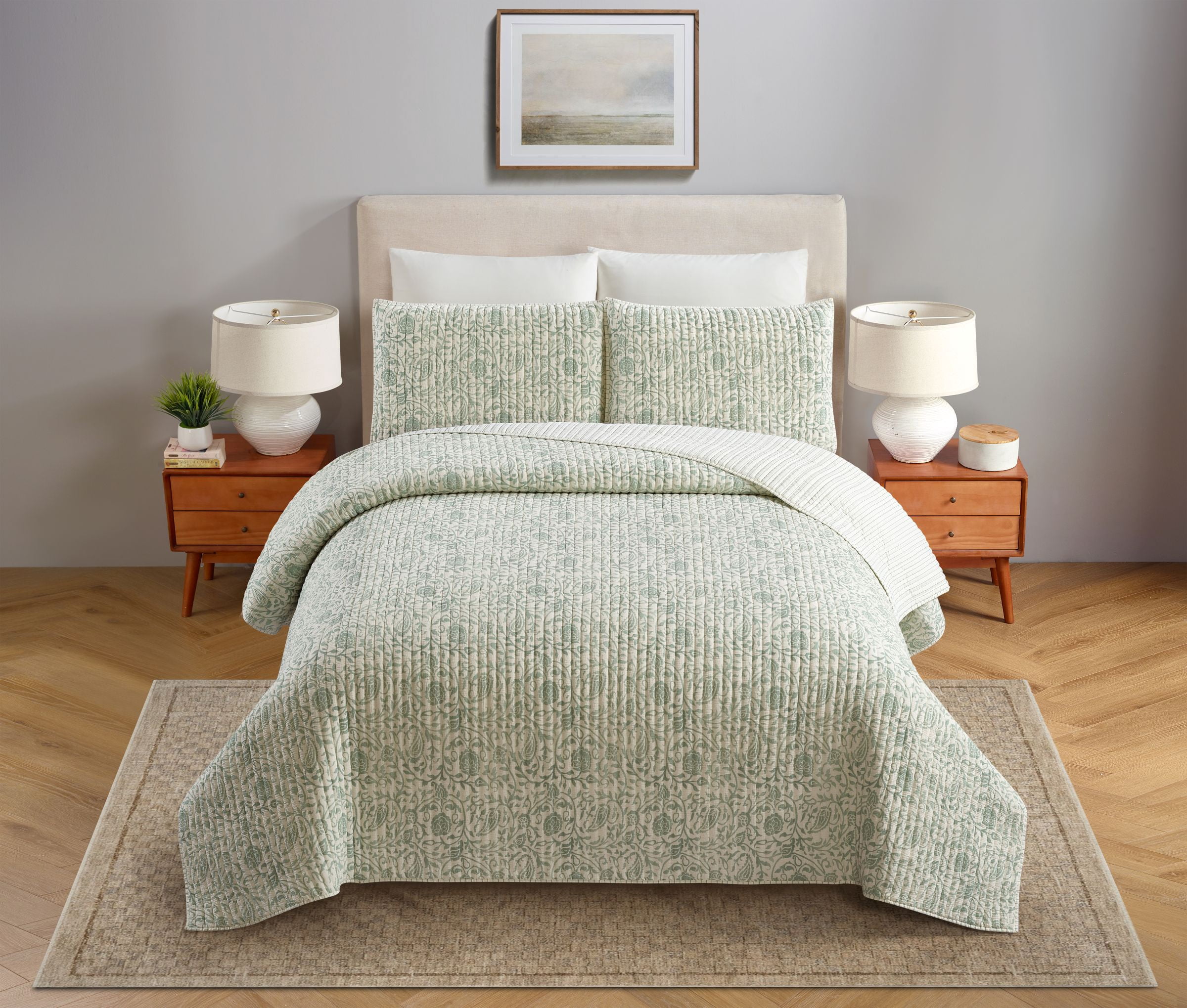 Eden Paisley Gauze 3-Piece Reversible Quilt Set, King, Green