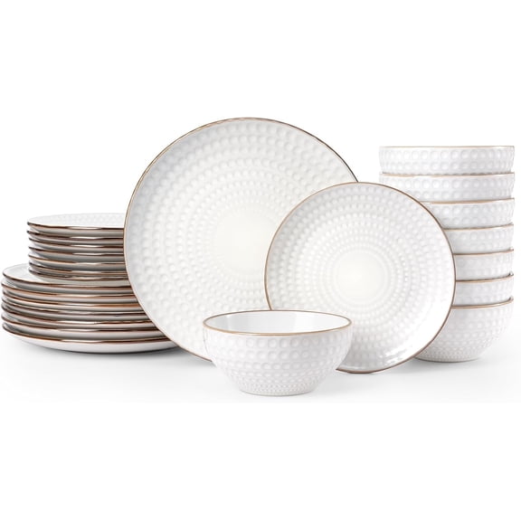 Eden Plates and Bowls Sets, Stoneware Dinnerware Sets with Gold Trim, 24 Pieces Dishes Set for 8 - Chip and Scratch Resistant, Microwave and Dishwasher Safe, White Circle