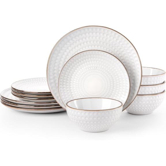 Eden Plates and Bowls Sets, Stoneware Dinnerware Sets with Trim, 12 count Dishes Set for 4 - Chip and Scratch Resistant, Microwave and Dishwasher Safe, White Circle