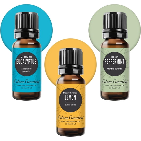 Edens Garden Essential Oils 3 Set 100% Pure Therapeutic Grade, Undiluted, Natural Aromatherapy Scents For Diffusers, Humidifiers, Massage & Yoga Eucalyptus, Lemon & Peppermint, 10 ml/ 3 Pack