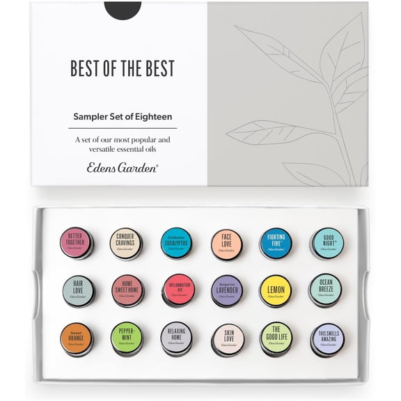 Edens Garden Essential Oils Best of the Best Sampler 18 Set 100% Pure Therapeutic Grade: Fighting Five, Good Night, Joy, Lavender, Lemon, Peppermint Oil & More - For Aromatherapy, .92 ml/ 18 Pack
