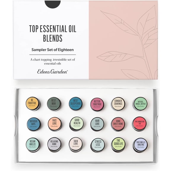 Edens Garden Top Essential Oil Blends Sampler 18 Set 100% Pure Therapeutic Grade, Natural, Undiluted Aromatherapy Scents for Diffusers & Humidifiers Wellness Gift for Men & Women, .92 ml/ 18 Pack