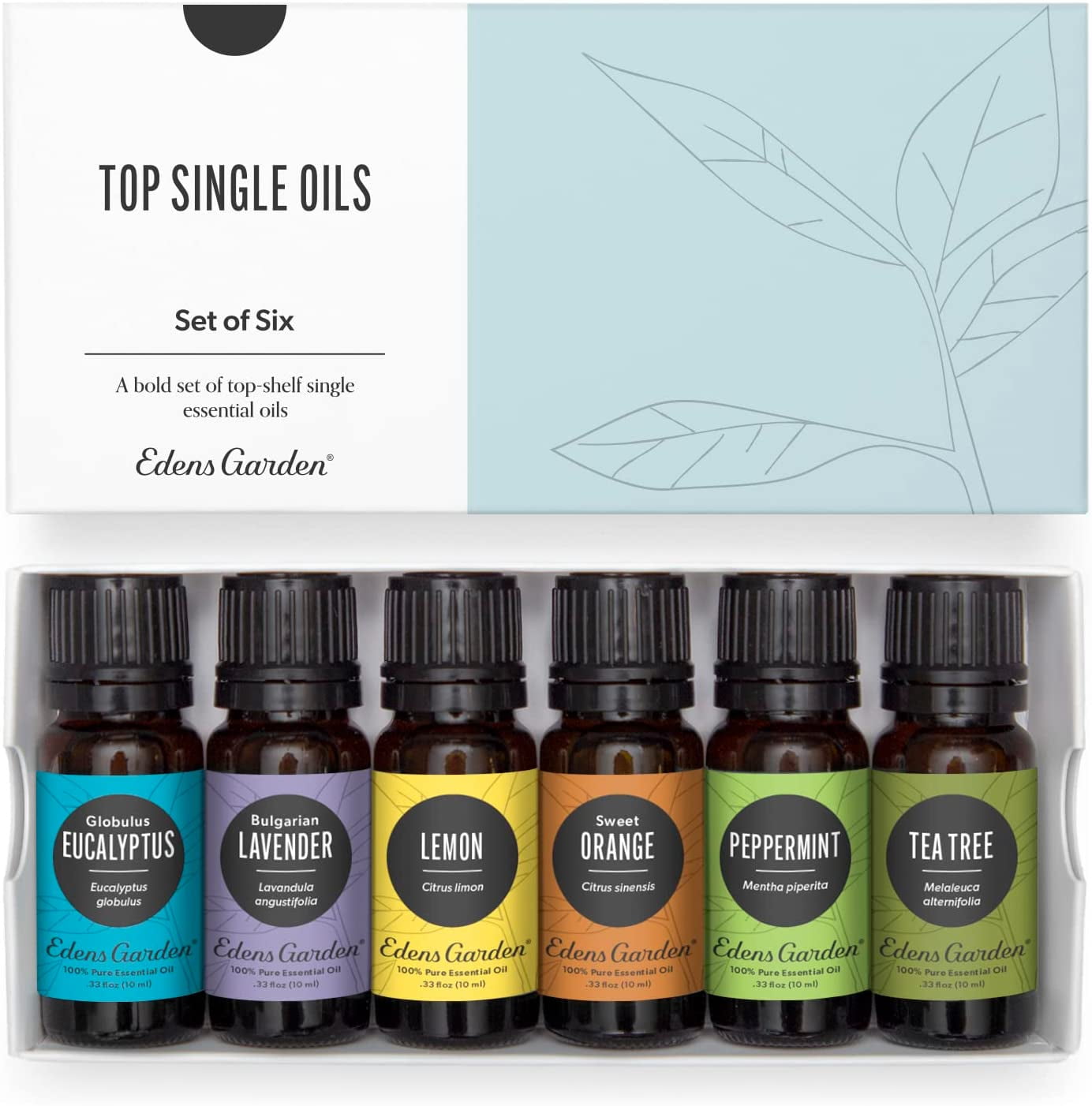 Edens Garden Top Essential Oils 6 Set – 100% Pure Therapeutic Grade, Undiluted: Lavender, Peppermint, Eucalyptus, Tea Tree, Lemongrass, Sweet Orange – Aromatherapy Oil For Diffusers, 10 ml/ 6 Pack