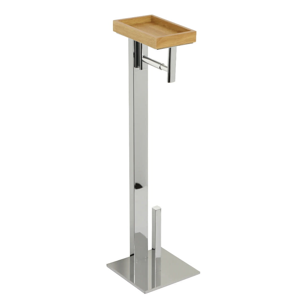 Polished Chrome Freestanding Toilet Paper Holder with Wooden Storage Shelf