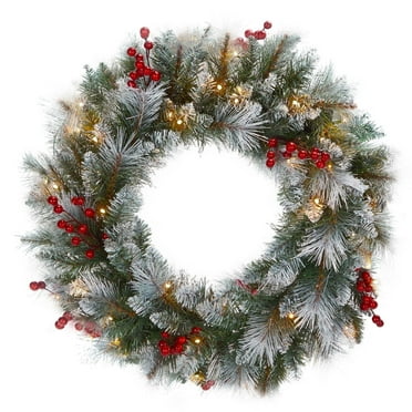 Edergoo 24inch Christmas Wreath, Lighted Christmas Wreath Decorated with Pine Cones, Berry Clusters, Frosted Branches, Christmas Collection