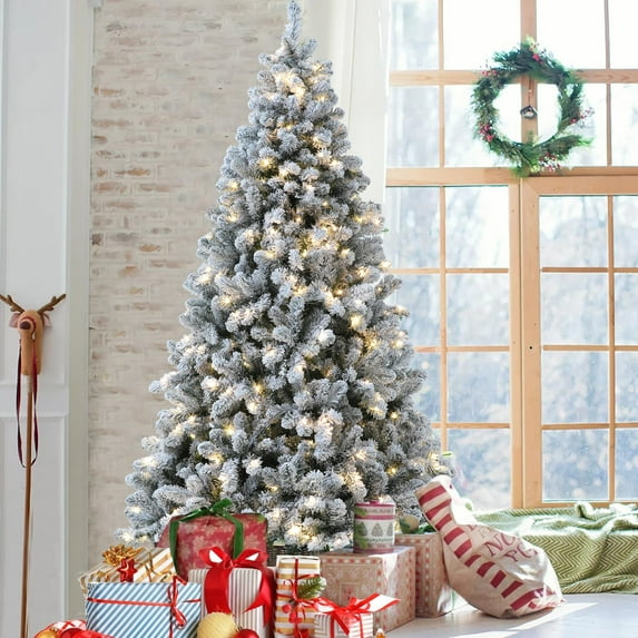 Edergoo Christmas Tree, 9ft Christmas Tree Prelit, UL Listed Flocked Realistic Artificial Snowy Christmas Tree for Home/Office