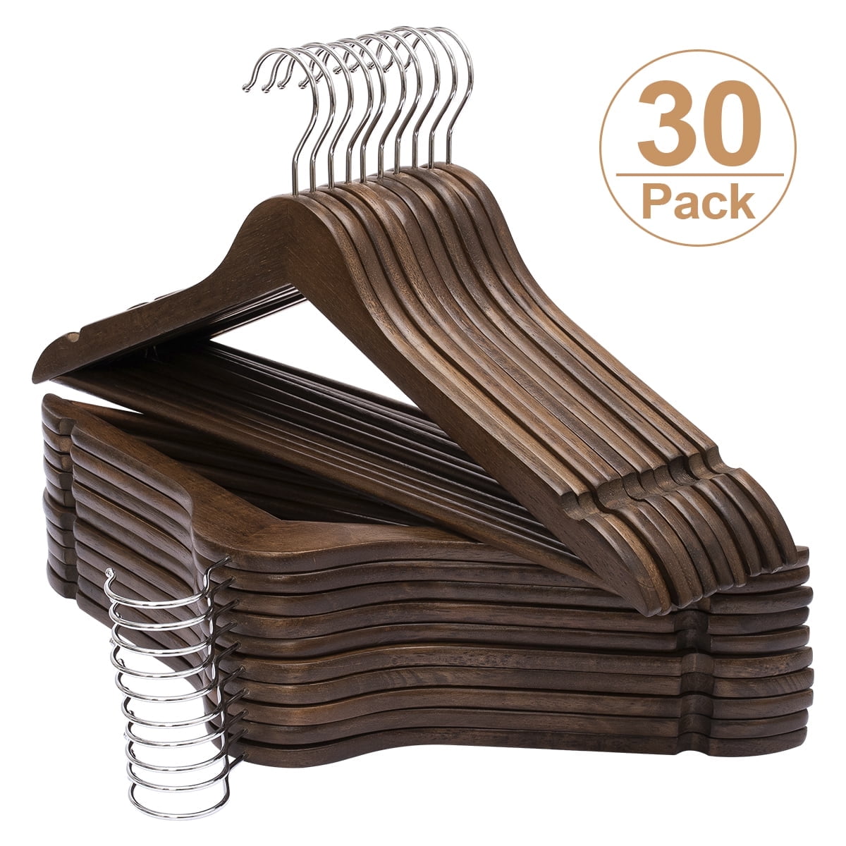 Edergoo Solid Wooden Hangers, 30 Pack Walnut Slim Wood Hangers with Extra Smooth Finish, Precisely Cut Notches and Chrome Swivel Hook, Wooden Clothes Hangers for Shirt Suit Jacket Dress