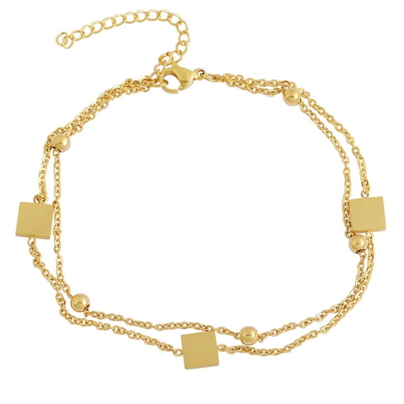Edforce 18k Gold Plated Double Chain 3 Square Pendant and 5 Ball Pendant Anklet, 8.5"+2" Extender