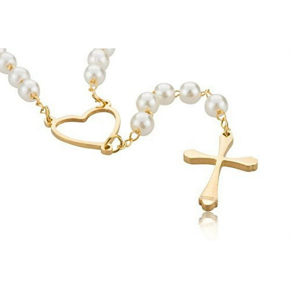 Edforce 18k Gold Plated Heart and Pearl Rosary with Cross, 29.5 inch