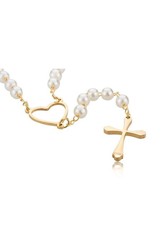 18k Gold Plated Heart and Pearl Rosary with Cross, 29.5 inch