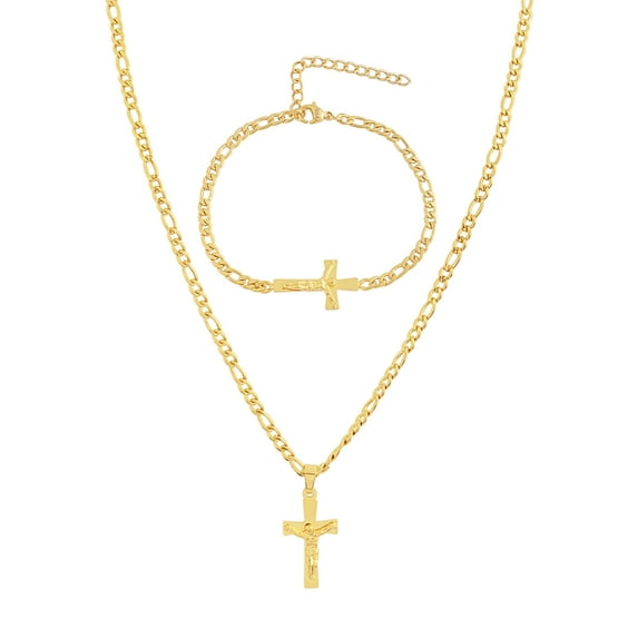 Edforce Stainless Steel Women's Men's 14K Gold Plated 20 inch Figaro Link Chain Necklace with | Crucifix Cross Pendant | and Matching Bracelet