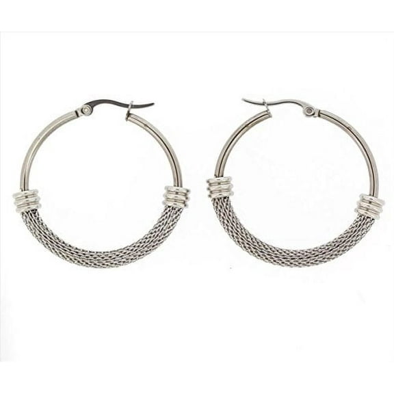 Edforce Womens Stainless Steel Half Hoop Half Mesh Link Hoop Earrings (38mm)