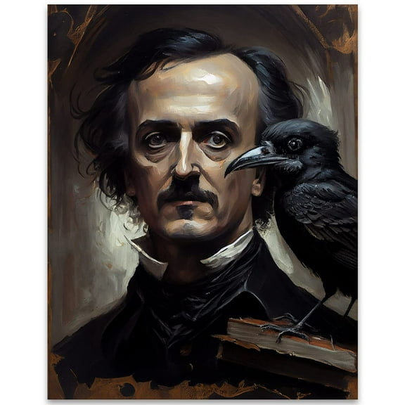 Edgar Allan Poe and the Raven Portrait Poster - 11x14 Print Halloween Prints Raven Wall Art - Great Gothic Decor Halloween Poster - Gothic Wall Decor - Spooky Halloween Wall Dcor