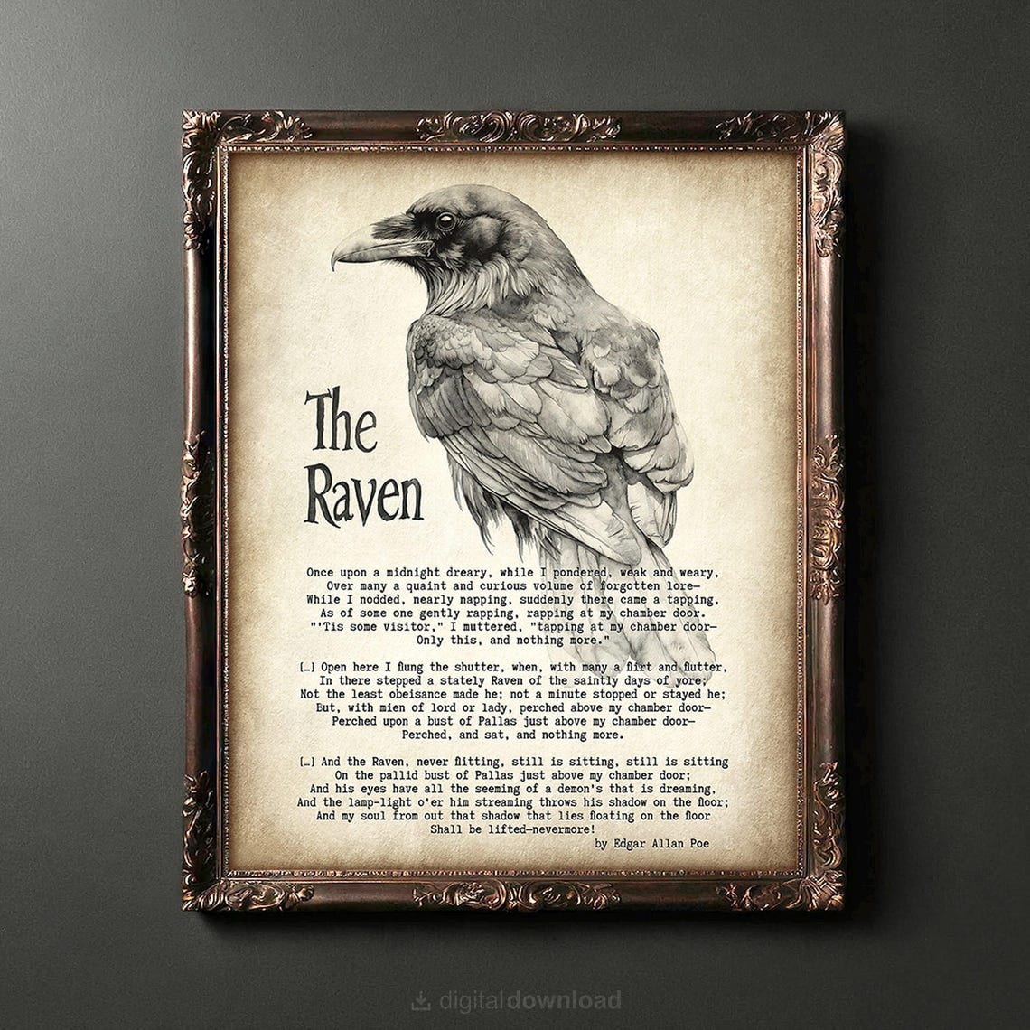 Edgar Allan Poe Raven Wall Art Print, Gothic Literary Decor - Walmart.com