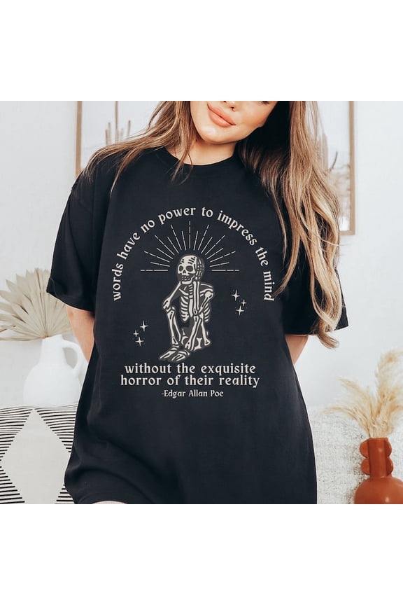 Edgar Allan Poe Skeleton Gothic Dark Academia Shirt Literary Poet Graphic Goblincore Aesthetic Unisex Cotton T-Shirt, Size S-5XL