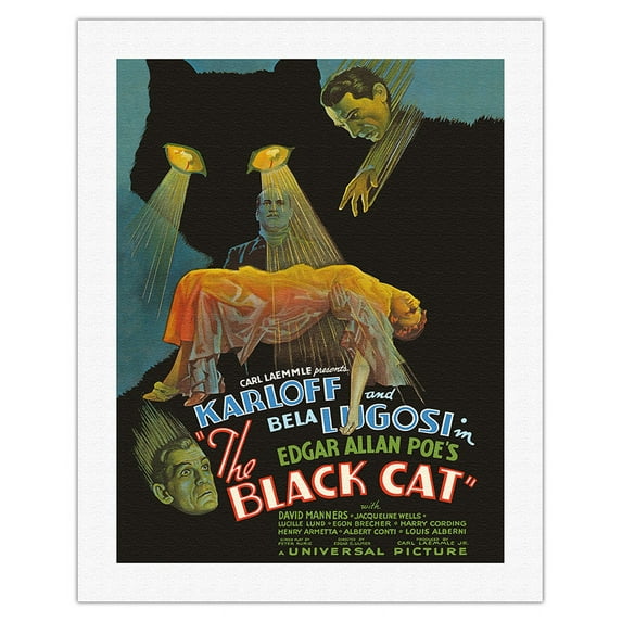 Edgar Allan Poe’s The Black Cat - Starring Boris Karloff Bela Lugosi - Vintage Film Movie Poster c.1934 - Fine Art Rolled Canvas Print 20in x 26in