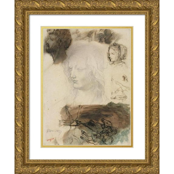 Edgar Degas 12x14 Gold Ornate Wood Frame and Double Matted Museum Art Print Titled - Sheet of Studies and Sketches (1858)