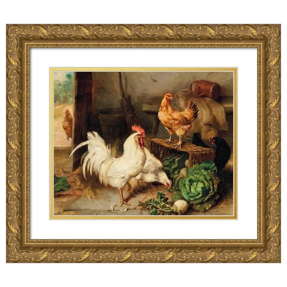 Edgar Hunt 14x12 Gold Ornate Wood Frame and Double Matted Museum Art Print Titled - Chickens and Cockerel in a Barn