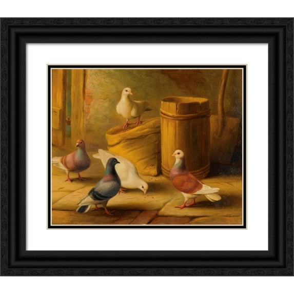 Edgar Hunt 18x15 Black Ornate Wood Framed Double Matted Museum Art Print Titled - Chickens; Pigeons (1912)