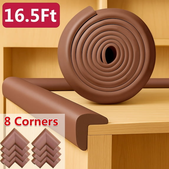 Edge Corner Protector Baby Proofing, 16.5ft Edge & 8 Corners, Soft NBR Foam Furniture Fireplace Safety Bumper Guard with Strong Adhesive (Coffee Brown)