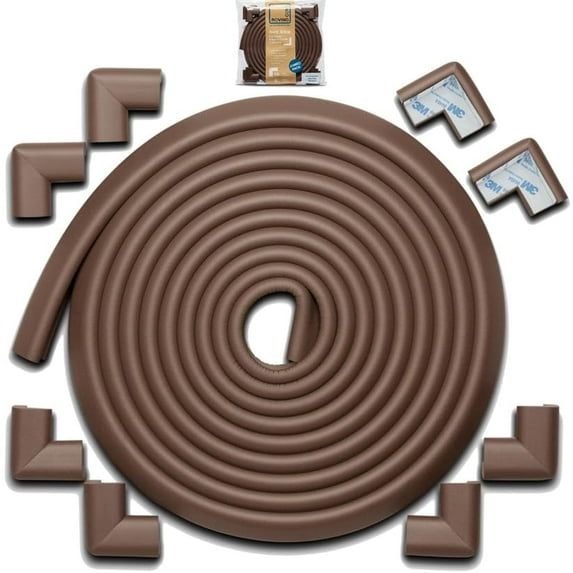 Edge Corner Protector Baby Proofing (Large 18ft Edge 8 Corners), Hefty-Fit Heavy-Duty, Soft NBR Rubber Foam, Furniture Fireplace Safety Bumper Guard, 3M Adhesive, Coffee Brown