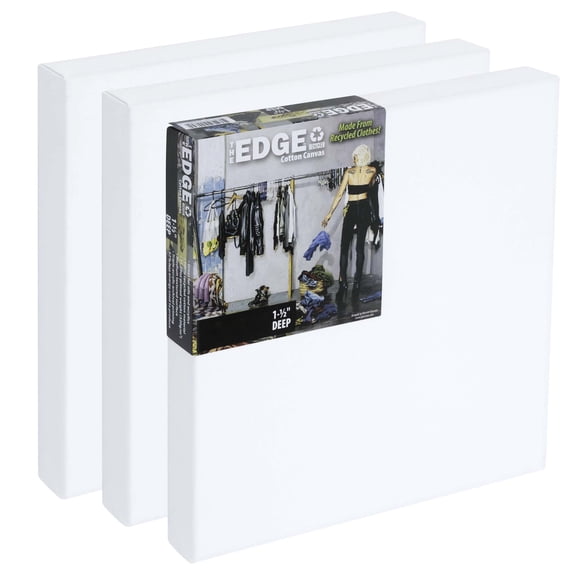 The Edge Eco-Friendly Recycled Cotton Stretched Canvas for Painting - 8x8" Box of 3 - Medium-Textured, Triple Acrylic Primed All Media Painting Canvas, 320gsm, 1-1/2 in. Deep Pine Stretchers