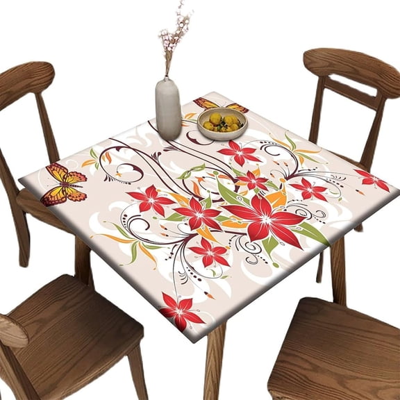 Edge Fitted Square Elastic Tablecloth, Floral Pattern Printed on Elastic Polyester Table Cover, Great for Home Kitchen Parties Holiday Dinner, Fit for 30"" x 30""Square Table
