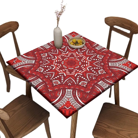 Edge Fitted Square Elastic Tablecloth, Winter Red Christmas Pattern Printed on Elastic Polyester Table Cloth, for Dinner Terrace Party, Fit for 32" x 32"Square Table