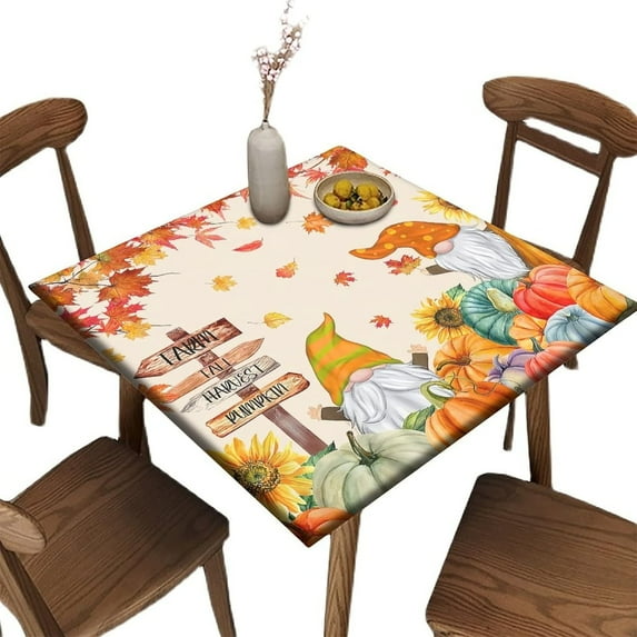 Edge Fitted Square Tablecloth, Thanksgiving Autumn Harvest Pumpkin Waterproof Wipe Clean Polyester Table Cloth, for Indoor Holiday Family Banquet Outdoor Patio Use, Fit for 34'''' x 34'''' Table
